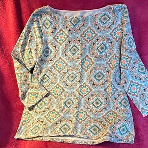 Talbots Blue, Teal and Orange Patterned Long Sleeve Top